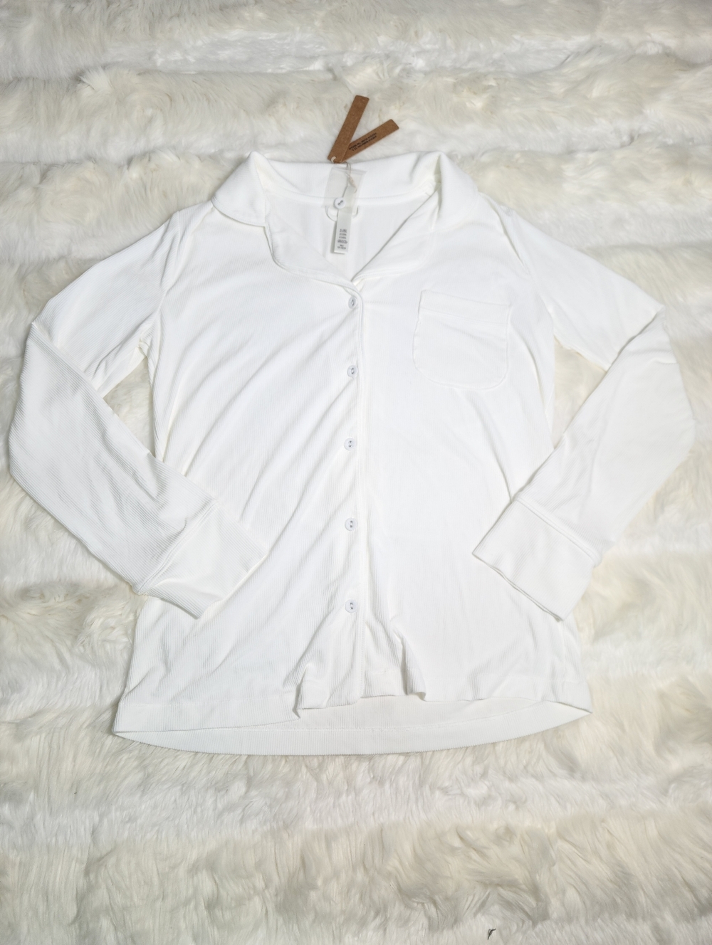 SKIMS Soft Lounge Rib Sleep Long Sleeve Top Marble White Women X-Small NEW